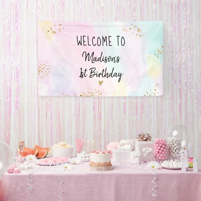 Pastel Rainbow Pink Gold Birthday Banner (Party)