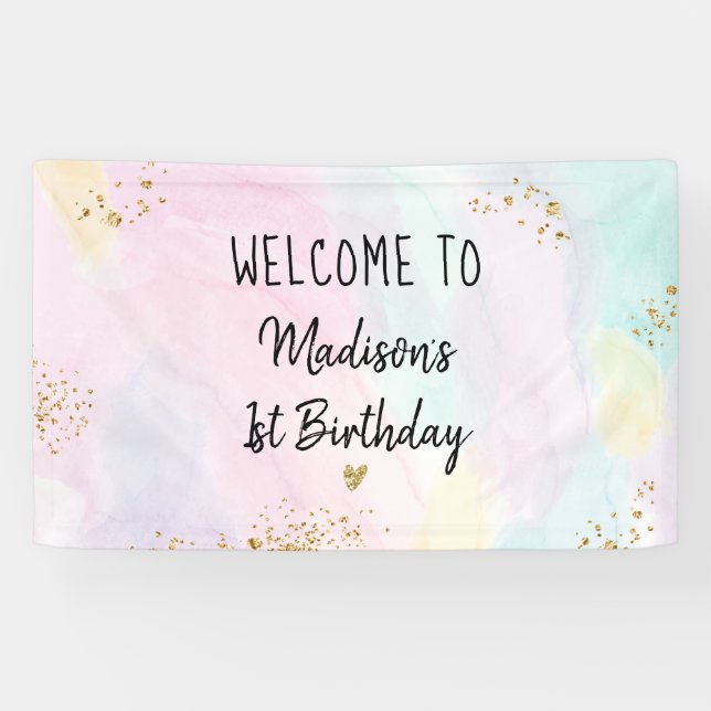 Pastel Rainbow Pink Gold Birthday Banner (Horizontal)