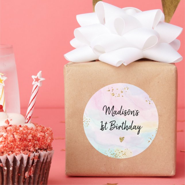 Pastel Rainbow Pink Gold Birthday Classic Round Sticker (Party)
