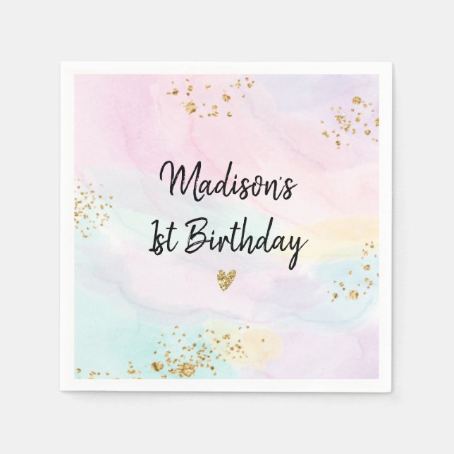 Pastel Rainbow Pink Gold Birthday Napkins (Front)