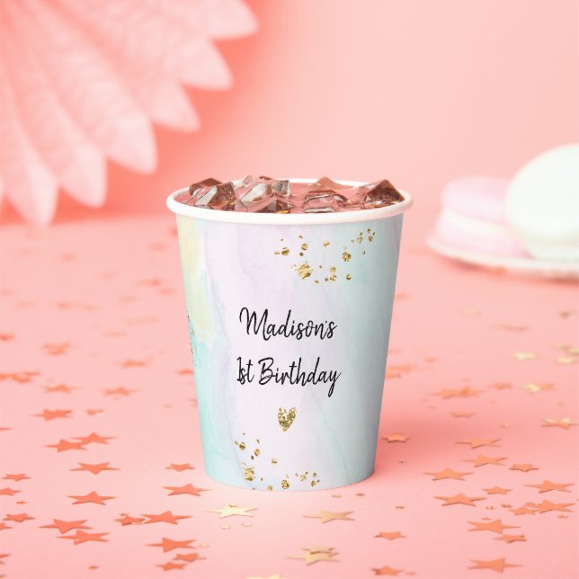 Pastel Rainbow Pink Gold Birthday Paper Cups (Insitu)