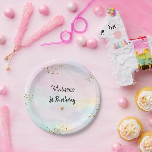 Pastel Rainbow Pink Gold Birthday Paper Plates (Party)