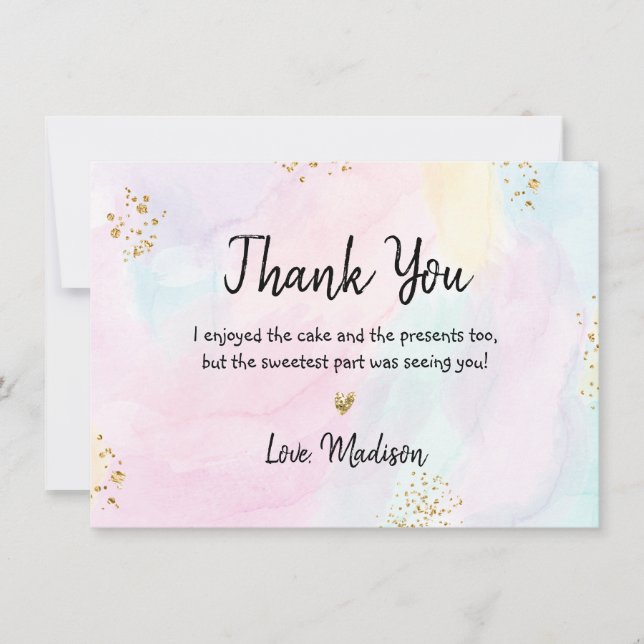 Pastel Rainbow Pink Gold Birthday Thank You Card (Front)