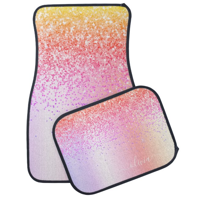 Pastel Rainbow Pink Gold Purple Glitter Monogram Car Floor Mat (Set)