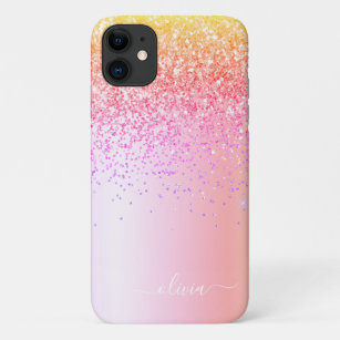 Pastel Rainbow Pink Gold Purple Glitter Monogram iPhone 11 Case