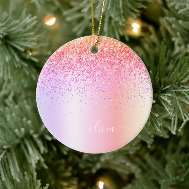 Pastel Rainbow Pink Gold Purple Glitter Monogram Ceramic Ornament (Tree)