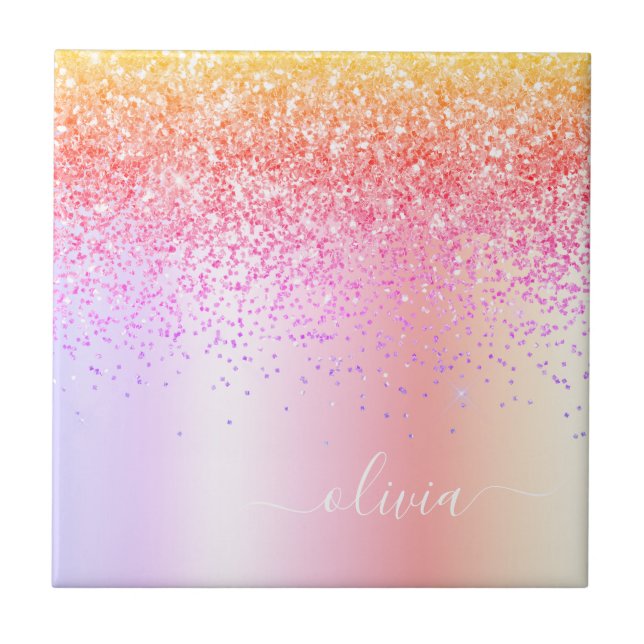 Pastel Rainbow Pink Gold Purple Glitter Monogram Ceramic Tile (Front)