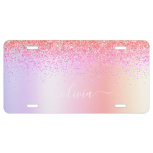 Pastel Rainbow Pink Gold Purple Glitter Monogram License Plate