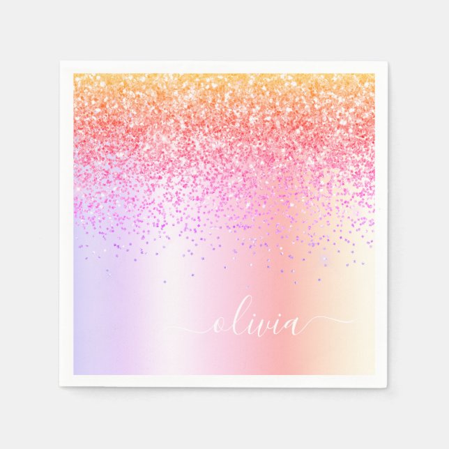 Pastel Rainbow Pink Gold Purple Glitter Monogram Napkins (Front)