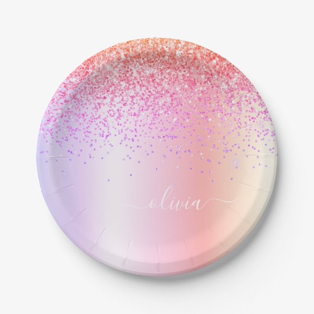 Pastel Rainbow Pink Gold Purple Glitter Monogram Paper Plates (Front)