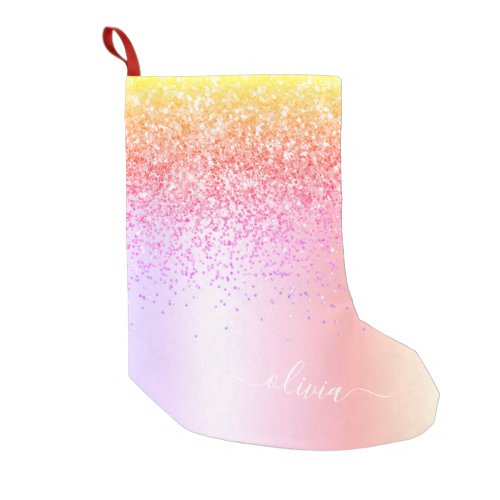 Pastel Rainbow Pink Gold Purple Glitter Monogram Small Christmas Stocking