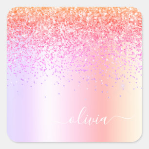 Pastel Rainbow Pink Gold Purple Glitter Monogram Square Sticker