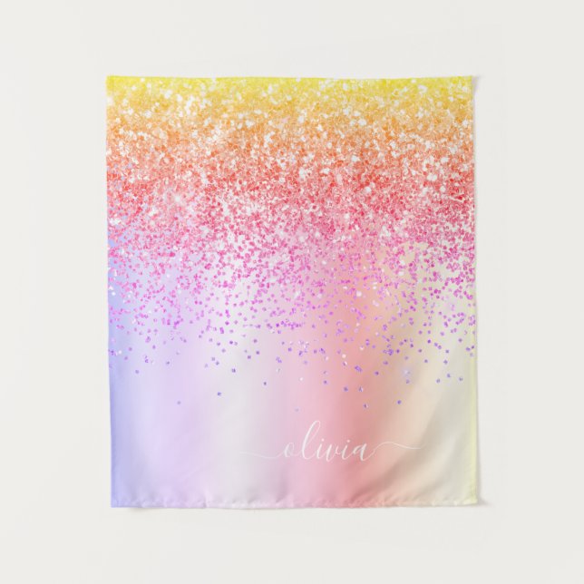 Pastel Rainbow Pink Gold Purple Glitter Monogram Tapestry (Front)