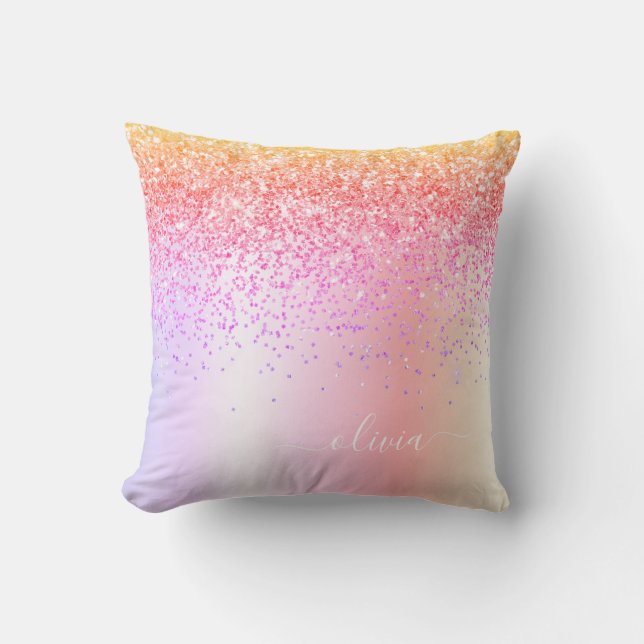 Pastel Rainbow Pink Gold Purple Glitter Monogram Throw Pillow (Front)