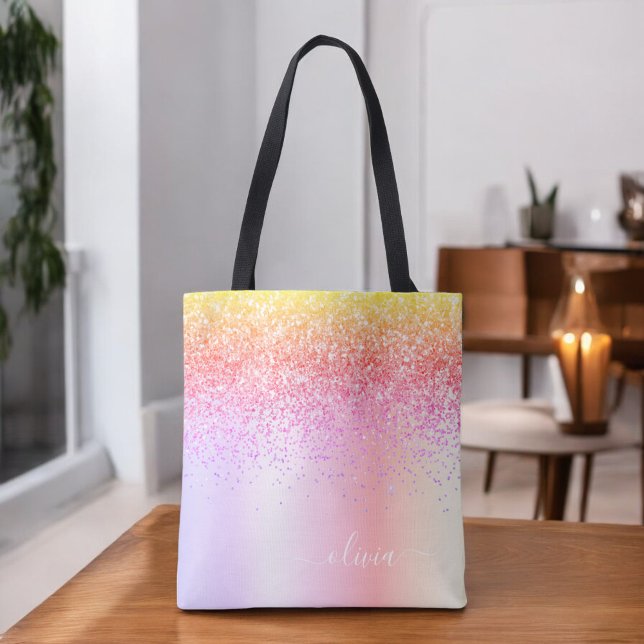 Pastel Rainbow Pink Gold Purple Glitter Monogram Tote Bag (Creator Uploaded)