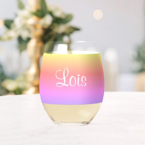 Pastel Rainbow Pink Purple Yellow Ombre Name Stemless Wine Glass