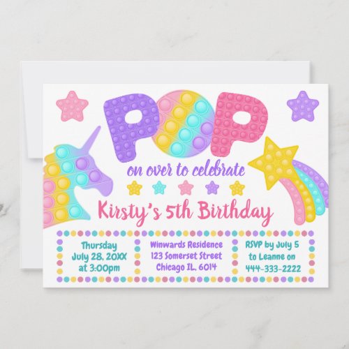 Pastel Rainbow Pop It Fidget Toy Birthday Party Invitation