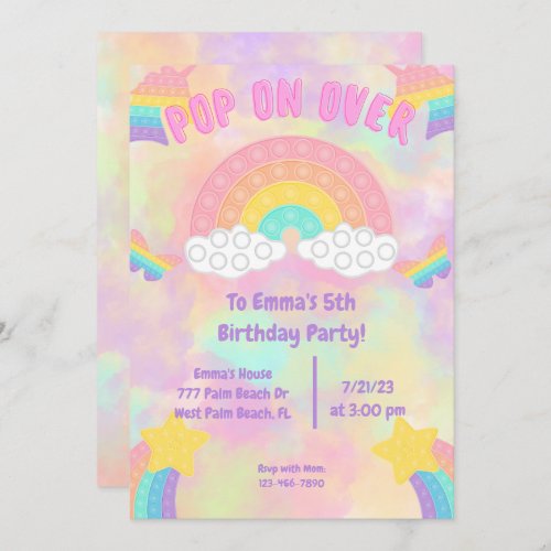 Pastel Rainbow Pop on over Pop it Girls Birthday  Invitation