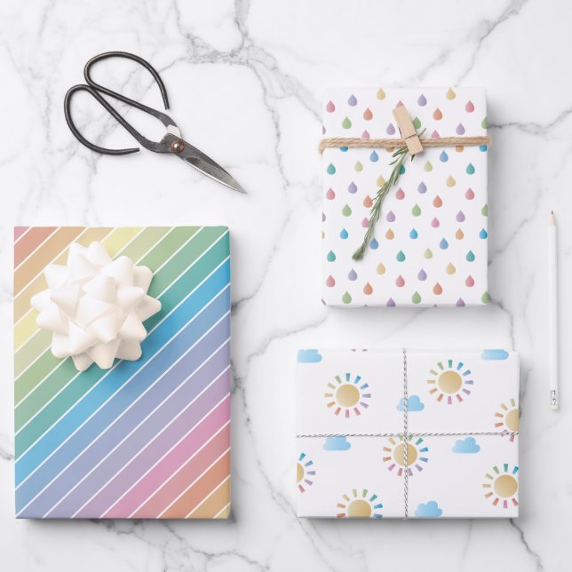Pastel Rainbow Raindrops and Sunshine Baby Shower Wrapping Paper Sheets (Front)