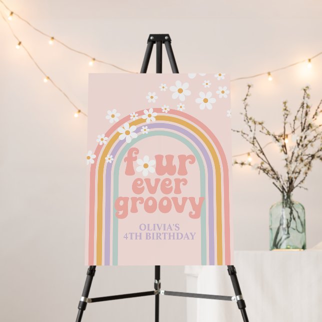 Pastel Rainbow Retro Four Ever Groovy 4th Birthday Foam Board (In Situ (Stand))