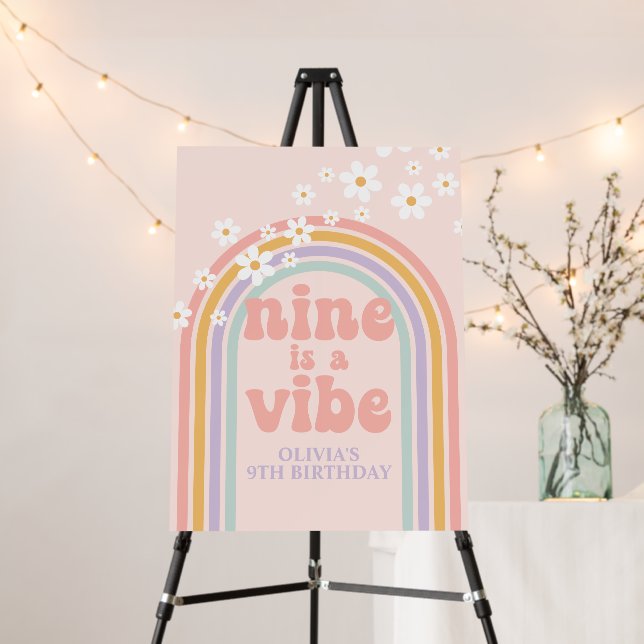 Pastel Rainbow Retro Nine is a Vibe 9th Birthday Foam Board (In Situ (Stand))