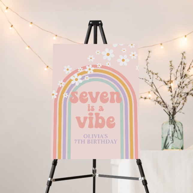 Pastel Rainbow Retro Seven is a Vibe 7th Birthday Foam Board (In Situ (Stand))