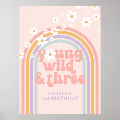 Pastel Rainbow Retro Young Wild Three 3rd Birthday Poster