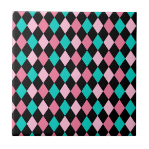 Pastel Rainbow Rhombuses Black Pink Blue Harlequin Ceramic Tile