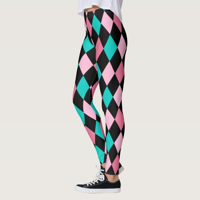 Pastel Rainbow Rhombuses Black Pink Blue Harlequin Leggings (Left)