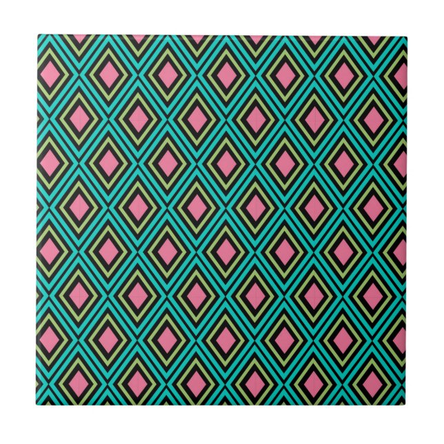 Pastel Rainbow Rhombuses Geometric Black Pink Blue Ceramic Tile (Front)