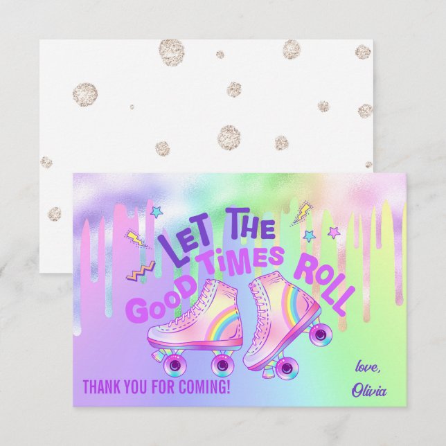 Pastel Rainbow | Roller Skating Birthday  Thank You Card (Front/Back)