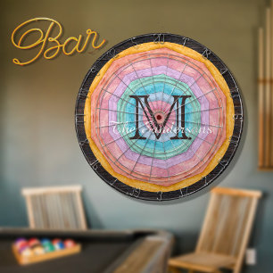 Pastel Rainbow Rustic Wood Tone Monogram Name Dart Board