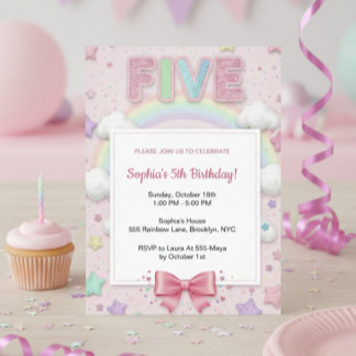 Pastel Rainbow Sequin Glitter Girl 5th Birthday Invitation