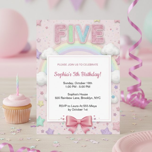 Pastel Rainbow Sequin Glitter Girl 5th Birthday Invitation (Creator Uploaded)