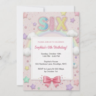 Pastel Rainbow Sequin Glitter Girl 6th Birthday Invitation