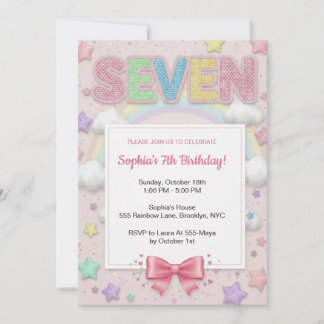 Pastel Rainbow Sequin Glitter Girl 7th Birthday Invitation