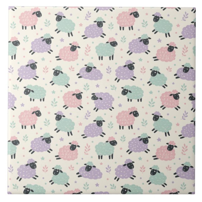 Pastel Rainbow Sheep Pattern Ceramic Tile (Front)