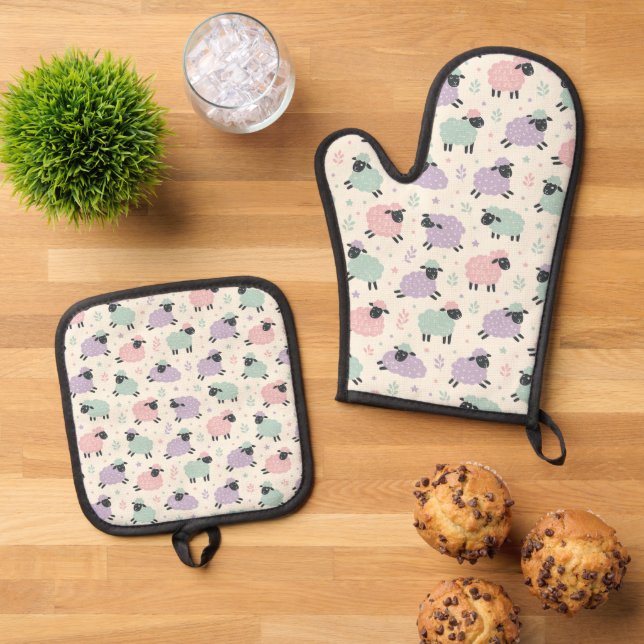 Pastel Rainbow Sheep Pattern Oven Mitt & Pot Holder Set (Top Down)