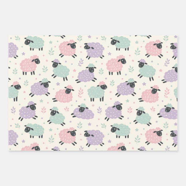 Pastel Rainbow Sheep Pattern Wrapping Paper Sheets (Front)
