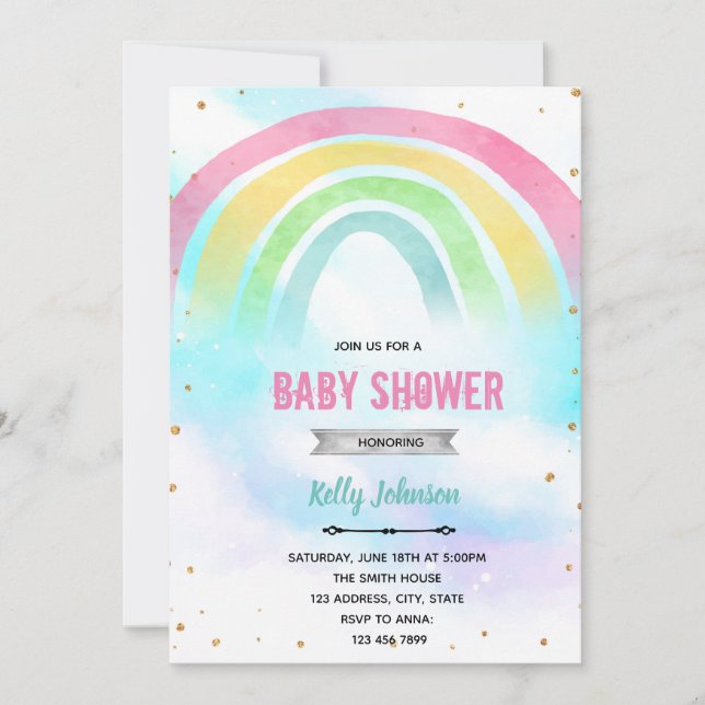 Pastel rainbow shower birthday invitation (Front)