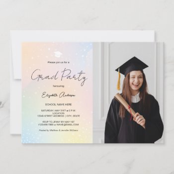 Pastel Rainbow Simple Script Photo Graduation Invitation by littleteapotdesigns at Zazzle