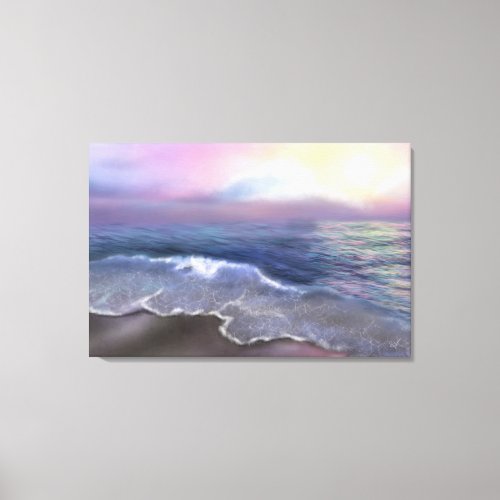 Pastel Rainbow Sky Beach Sunset with Ocean Waves Canvas Print