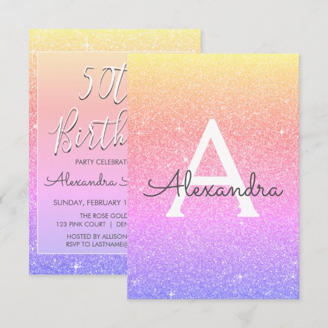 Pastel Rainbow Sparkle Glitter 50th Birthday Party Invitation (Front/Back)
