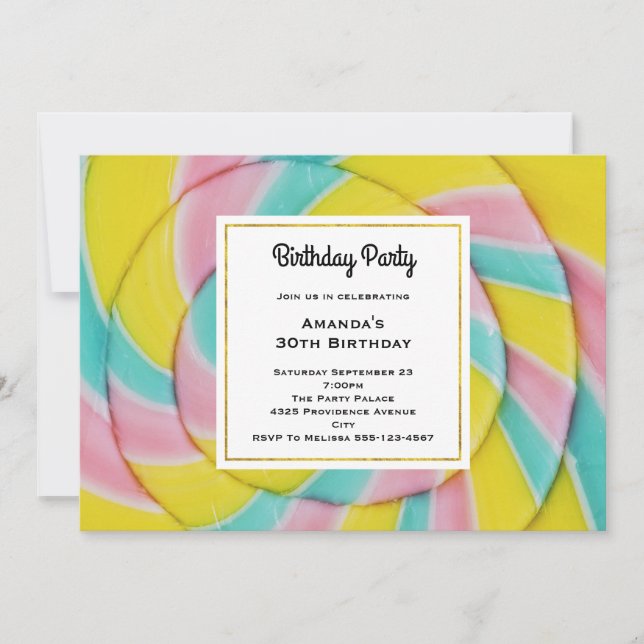 Pastel Rainbow Spiral Candy Birthday Invitation (Front)