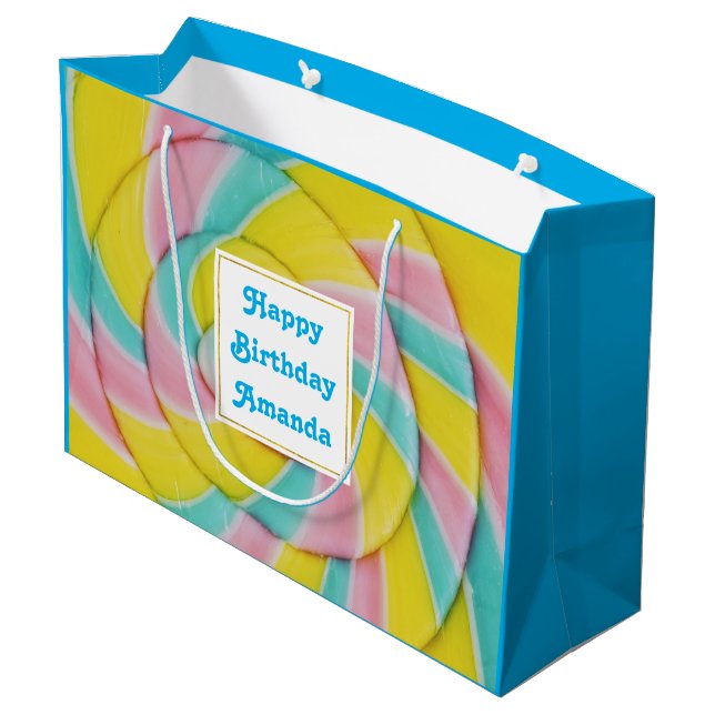 Pastel Rainbow Spiral Candy Photo Birthday Large Gift Bag (Back Angled)