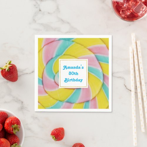 Pastel Rainbow Spiral Candy Photo Birthday Napkins