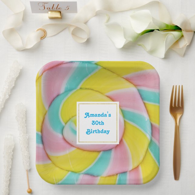 Pastel Rainbow Spiral Candy Photo Birthday Paper Plates (Wedding)