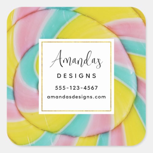 Pastel Rainbow Spiral Candy Photo Business Square Sticker