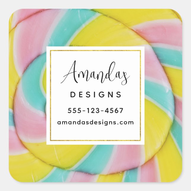 Pastel Rainbow Spiral Candy Photo Business Square Sticker (Front)