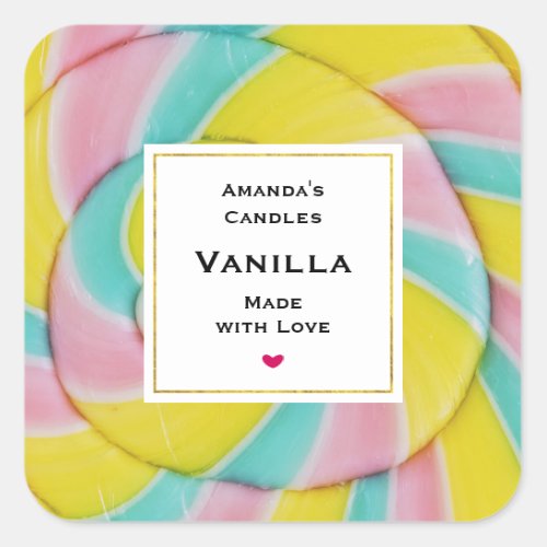 Pastel Rainbow Spiral Candy Photo Candle Business Square Sticker